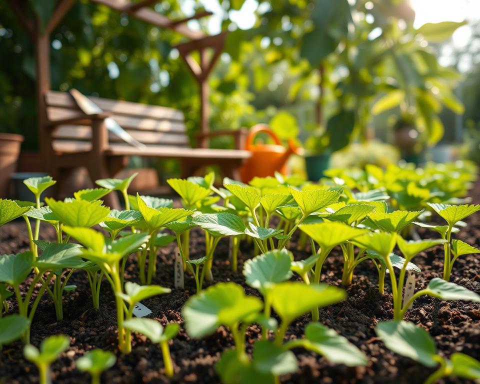A close-up view of cucumber seedlings in a well-tended garden bed, showcasing vibrant green leaves and delicate stems. In the foreground, young cucumber plants with rich soil and small labels indicating different varieties. The middle ground features a wooden gardening bench with tools like a trowel and watering can, suggesting pre-planting preparation. The background includes a garden trellis and soft sunlight filtering through a leafy canopy, casting gentle shadows. The atmosphere is serene and nurturing, evoking the excitement of nurturing growth. The image captures the lushness and vitality of cucumber seedlings, emphasizing the importance of proper growing techniques. Natural colors and soft focus lend a warm, inviting feel to the scene.