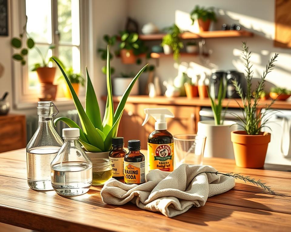 A cozy home interior showcasing various natural remedies for combating gray mold. In the foreground, a wooden table displays fresh ingredients like vinegar, baking soda, and essential oils, alongside a cloth and spray bottle ready for use. In the middle ground, sunlight streams through a window, casting soft shadows on potted plants that symbolize health and vitality, such as aloe vera and rosemary. The background features a tidy kitchen with green plants enhancing the ambiance, conveying an atmosphere of cleanliness and wellbeing. The lighting is warm and inviting, creating a sense of comfort and hope, while the overall mood is proactive and encouraging for those seeking effective home solutions.