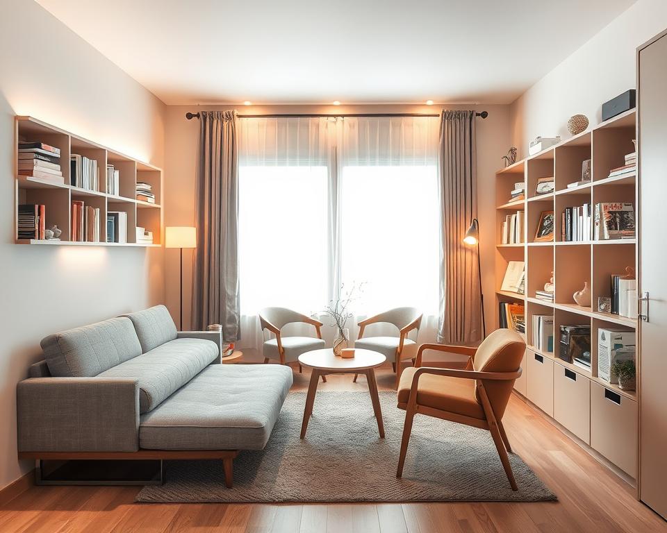 A cozy, multifunctional small room of about 7 square meters, featuring stylish and space-saving furniture. In the foreground, a modern fold-out sofa bed in a soft gray fabric is set against a light-colored wall, flanked by compact bookshelves filled with books and decorative items. In the middle, a small wooden coffee table sits atop a textured rug, surrounded by two minimalist chairs. The background showcases a bright window with sheer curtains that allow natural light to fill the space, creating an inviting atmosphere. Warm, ambient lighting adds a touch of comfort. The arrangement emphasizes practicality and efficiency, with a clean, organized layout that maximizes the small area. The overall mood is serene and functional, perfect for a relaxing retreat.