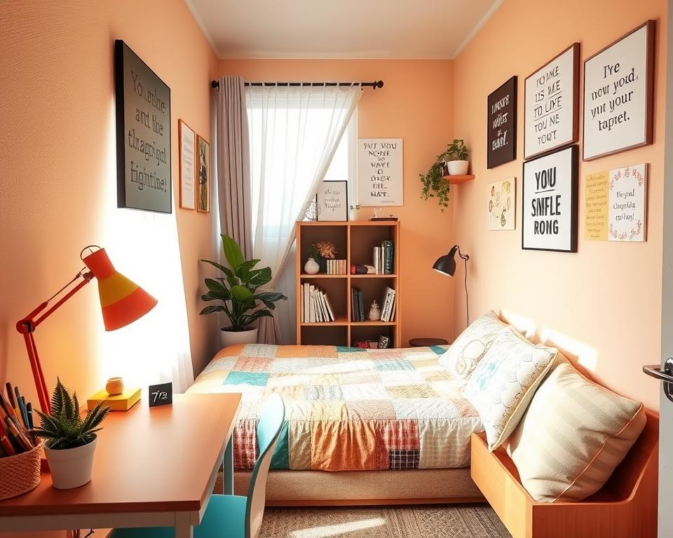 A cozy small room, measuring 7m2, beautifully decorated with creative personalization elements. In the foreground, a stylish desk with a colorful desk lamp and neatly organized stationery, alongside a vibrant potted plant. In the middle, a bed adorned with a patchwork quilt, surrounded by personalized wall art featuring inspiring quotes and whimsical designs. A small bookshelf filled with books and decorative items, blending function and style. In the background, a soft natural light streams through a window with sheer curtains, creating an inviting atmosphere. The room is painted in warm, pastel colors, enhancing the sense of comfort and creativity, inviting anyone to incorporate their personal touch into a compact living space.