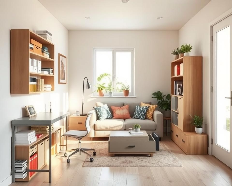 A cozy small room of approximately 7 square meters, featuring functional storage furniture designed for optimal space utilization. In the foreground, a stylish shelving unit with various neatly organized boxes and books, complemented by a small, modern desk with a minimalist chair. In the middle, a compact sectional sofa adorned with colorful cushions and a functional coffee table that doubles as storage. The background includes a window allowing soft, natural light to illuminate the room, creating a warm and inviting atmosphere. The color palette is light and airy, with pale walls, wooden accents, and a touch of greenery from small potted plants. The entire scene conveys a sense of practical design and comfort, perfect for maximizing storage while maintaining aesthetic appeal.
