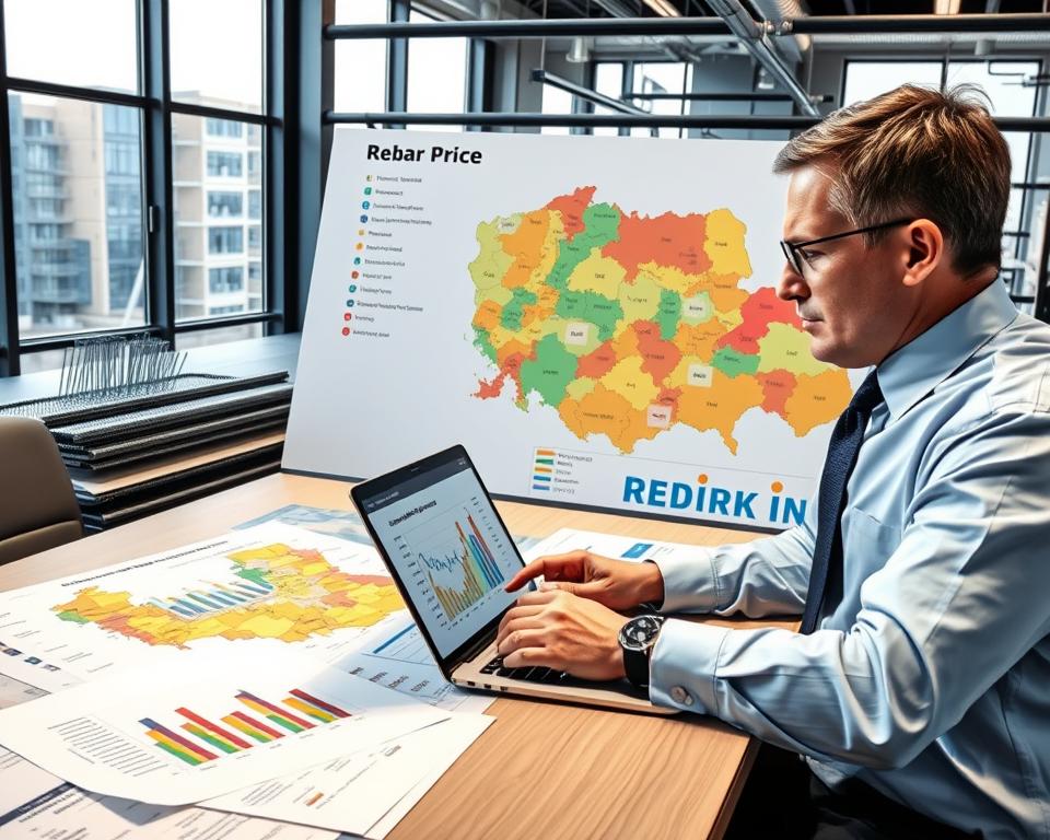 A detailed analysis of rebar steel prices across various regions of Poland, depicted in a professional and informative style. In the foreground, a business professional in formal attire is examining charts and graphs on a laptop, showcasing rebar price trends on a desk filled with industry reports. The middle ground features large, colorful maps of Poland, highlighting different regions with varying color codes representing price fluctuations. The background shows a modern office space with large windows allowing natural light to illuminate the scene. The atmosphere is serious and analytical, evoking a sense of professionalism and focus. The image captures a blend of technology and industry, emphasizing the significance of the rebar market in construction.