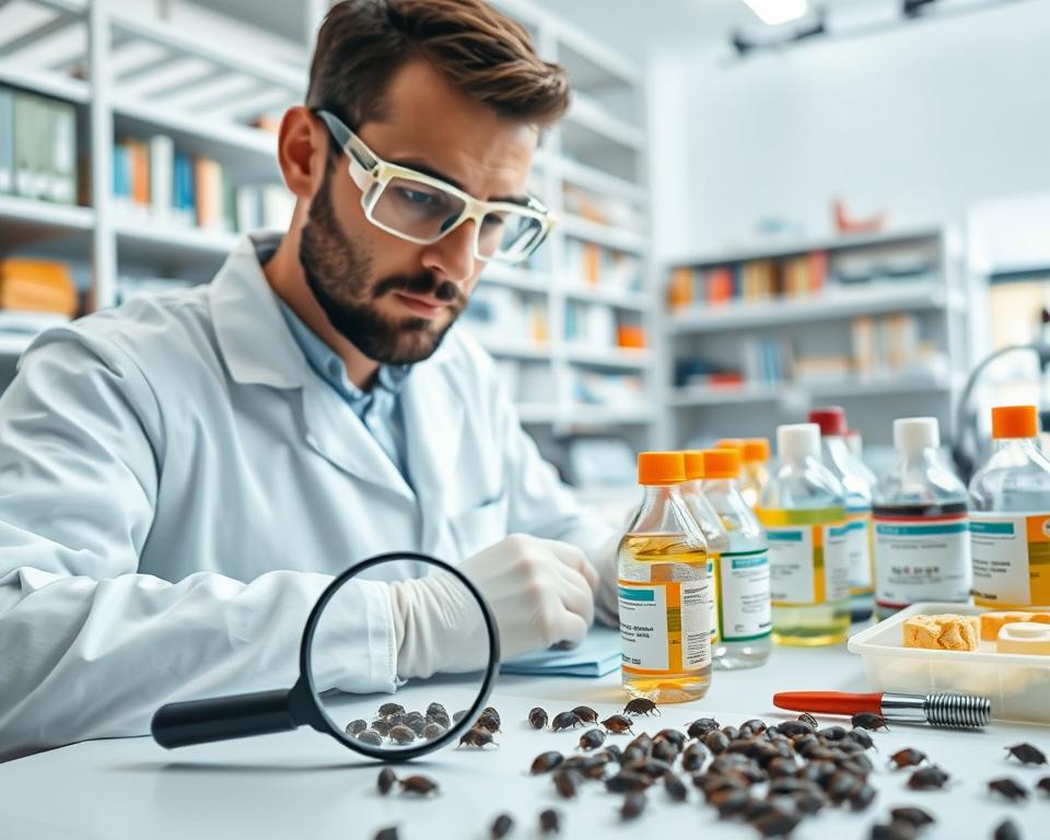 A detailed close-up of a chemical pest control procedure targeting the bread beetle (żywiak chlebowca). In the foreground, a focused scientist in a lab coat, wearing safety goggles, prepares a chemical solution in a modern laboratory setting. A magnifying glass is placed beside a sample of the beetles being studied. In the middle ground, various labeled chemical containers and tools are neatly arranged on a clean lab bench. The background features a bright, well-lit laboratory with shelves filled with scientific books and equipment. The atmosphere conveys a sense of professionalism and urgency, highlighting the importance of effective pest control. Soft, diffused lighting enhances the clarity of the image, ensuring all details are crisp and visible, captured from a slightly elevated angle for depth.