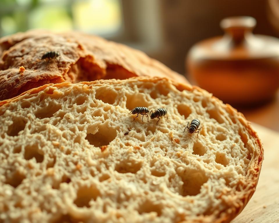 A detailed close-up of a loaf of bread, showing visible signs of the presence of a flour weevil, such as small dark holes and scattered grains. The foreground highlights the texture of the bread crust and the tiny damage caused by the insects. In the middle ground, there should be a few flour weevils, clearly visible, crawling over the loaf, emphasizing their size and shape. The background is softly blurred to focus on the bread, with warm natural lighting creating a cozy atmosphere. The overall mood is informative and slightly alarming, capturing the essence of pest presence in a domestic setting, perfect for illustrating symptoms and signs of weevil infestation.