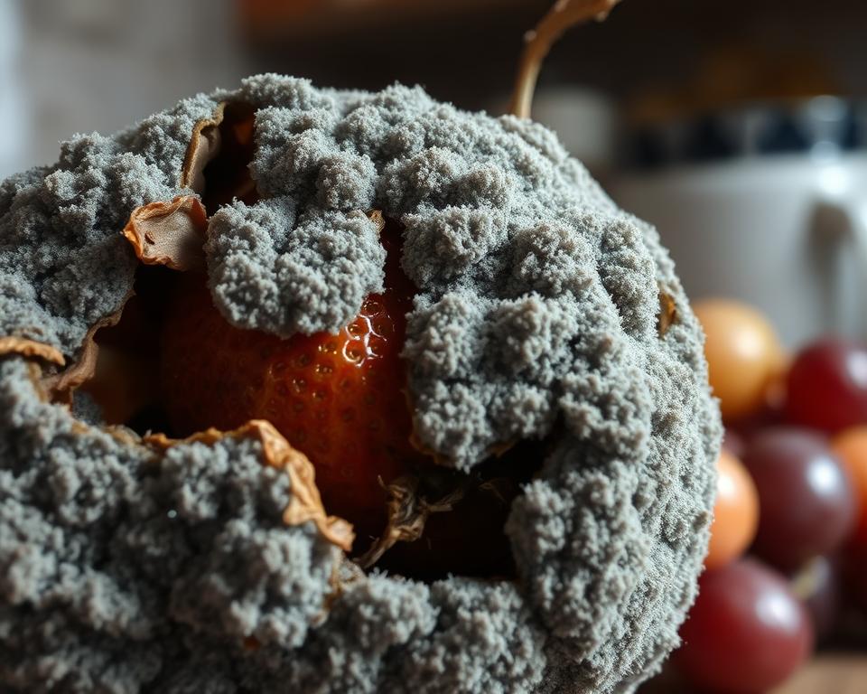A detailed close-up of gray mold (Botrytis cinerea) on a rotting fruit, showcasing the characteristic grayish-brown fuzzy texture, with some sections appearing discolored and shriveled. The foreground highlights the mold with a focus on its texture and structure, while soft, diffused natural light illuminates the scene to enhance the mold's details. In the middle ground, a few overripe fruits, including strawberries and grapes, are partially obscured by the mold, creating a sense of decay. The background remains softly blurred, evoking a dimly lit kitchen or storage area atmosphere, enhancing the mood of neglect and deterioration. The overall color palette includes muted grays, browns, and earthy tones to reflect the theme of household health issues associated with gray mold.