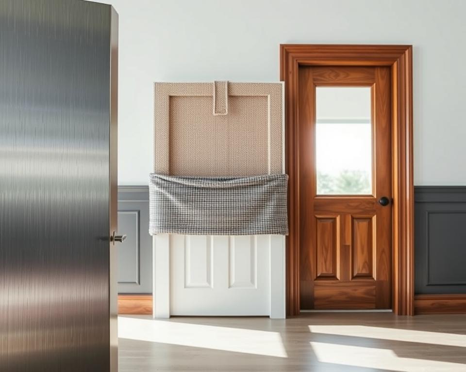 A detailed comparison of methods for covering metal door frames, featuring three distinct covering techniques. In the foreground, display a metal frame partially covered by a sleek, modern veneer, showcasing its polished finish. In the middle ground, depict another frame wrapped with a textured fabric, emphasizing warmth and comfort. Lastly, in the background, show a frame adorned with classic wooden trim, highlighting a traditional aesthetic. Use natural lighting to create a soft ambiance that subtly highlights the textures of each covering. A wide-angle lens captures the full scene, enhancing depth and clarity. The overall mood should evoke a professional yet inviting atmosphere, suitable for a home improvement context, encouraging viewers to consider stylish options for metal frame coverage.