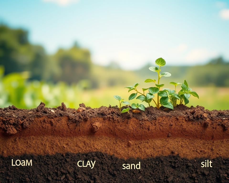 A detailed cross-section of different soil types, showcasing layers of loam, clay, sand, and silt, presented in a vibrant and educational manner. In the foreground, clearly defined soil layers displaying organic matter, insects, and small plant roots. The middle ground features a detailed view of a small garden with various plants thriving in each soil type, indicating their adaptability. The background includes a soft-focus landscape of lush greenery and a bright blue sky, creating an inviting atmosphere. The lighting is warm and natural, suggesting a sunny day, with shadows casting gently on the soil. The image should evoke a sense of discovery and a connection to nature. A detailed cross-section of different soil types, showcasing layers of loam, clay, sand, and silt, presented in a vibrant and educational manner. In the foreground, clearly defined soil layers displaying organic matter, insects, and small plant roots. The middle ground features a detailed view of a small garden with various plants thriving in each soil type, indicating their adaptability. The background includes a soft-focus landscape of lush greenery and a bright blue sky, creating an inviting atmosphere. The lighting is warm and natural, suggesting a sunny day, with shadows casting gently on the soil. The image should evoke a sense of discovery and a connection to nature.