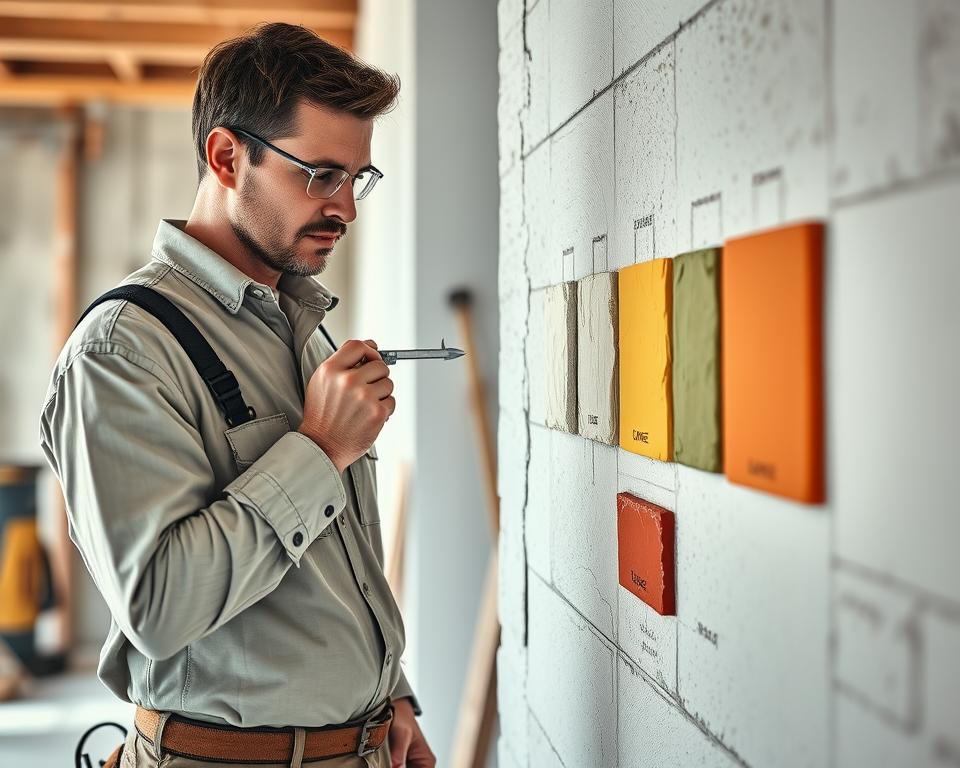 A detailed depiction of the impact of plaster layer thickness on consumption, featuring a construction site as the foreground. In the foreground, display a professional contractor in modest attire measuring plaster thickness with a caliper, examining different samples of plaster applied on a wall. In the middle ground, illustrate various plaster thicknesses with color-coded sections to indicate thickness levels, all labeled distinctly. The background should show a construction area with tools and equipment, slightly blurred to emphasize the main subjects. Soft, natural lighting casts realistic shadows, enhancing the depth of the image, while a shallow depth of field focuses attention on the contractor and the plaster samples. The overall mood is focused and informative, perfect for illustrating technical concepts.