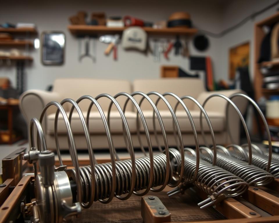 A detailed diagnostic scene focused on the internal mechanics of a convertible sofa, highlighting its spring and mechanism components. In the foreground, intricately depicted metal springs are shown with precise wear patterns and mechanical parts, such as hinges and levers. The middle ground features an open sofa, revealing its inner workings under soft, diffused lighting that highlights textures and details. The background consists of a simple workshop setting, with tools strategically placed for a professional ambiance. The overall mood is technical and methodical, emphasizing the importance of thorough inspection in upholstery repair. The camera angle is slightly tilted to create a dynamic view, showcasing the complexity of the sofa's mechanism.