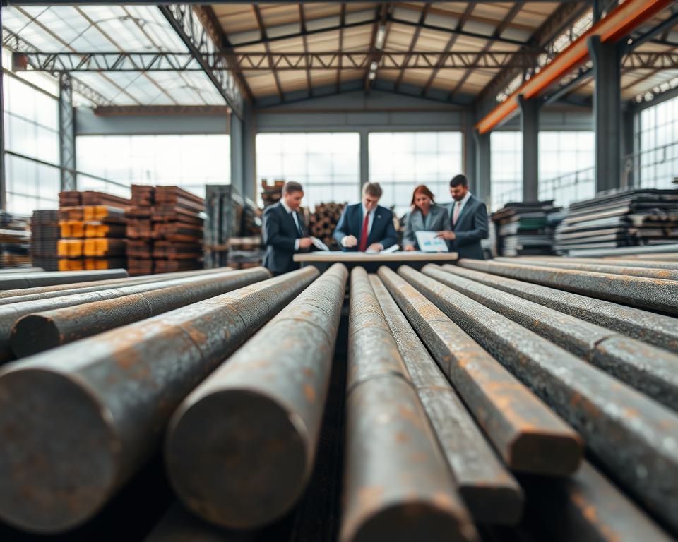 A detailed, dynamic scene representing the factors influencing the price of reinforcing steel bars. In the foreground, showcase a close-up of various steel bars, displaying their texture and surface imperfections, highlighting their industrial nature. In the middle ground, include a diverse team of professionals in smart business attire examining charts and materials on a large table, symbolizing the financial aspects of steel pricing. In the background, depict an industrial warehouse filled with stacks of steel and a large window revealing a cloudy sky, emphasizing a sense of realism and urgency. Use natural lighting to create soft shadows, enhancing the mood of analysis and contemplation. The angle should be slightly low to give a commanding view of the scene, inviting viewers into the discussion on price factors.