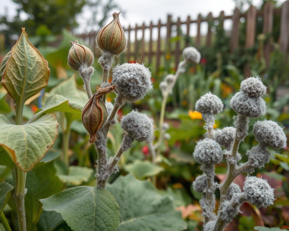 A detailed garden scene showcasing gray mold on various plants. In the foreground, close-up views of wilting leaves and stems covered in fuzzy gray mold, illustrating the infestation. The middle ground features a variety of garden plants, some healthy and vibrant, while others show signs of decay due to the mold. In the background, a blurred garden fence and a soft-focus view of a cloudy sky suggest a humid, overcast day, adding to the atmosphere of dampness. The lighting is soft and diffused, reflecting the subdued mood of the scene. The composition should evoke a sense of concern and the need for attention to gardening practices.