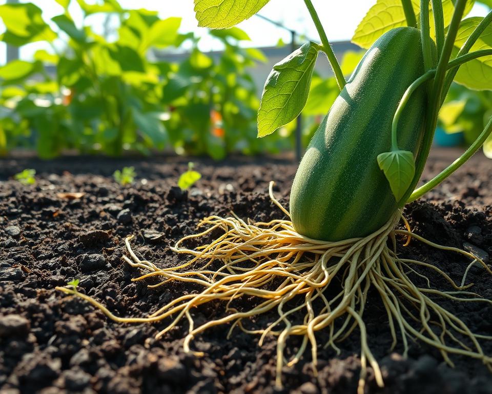 A detailed illustration of a cucumber root system in a garden setting. In the foreground, show rich, dark soil with intricately woven roots spreading out from a cucumber plant, showcasing its fibrous structure and nutrient gathering capabilities. In the middle ground, include lush, green cucumber leaves and tendrils that are vibrant and healthy, accentuating the importance of root growth for leaf development. The background should feature a serene, sunny garden environment, with gentle sunlight filtering through the leaves, casting dappled shadows. Use a macro lens perspective to capture fine details of the roots and soil, creating an enlightening and educational atmosphere that highlights the growth factors influencing cucumber health.