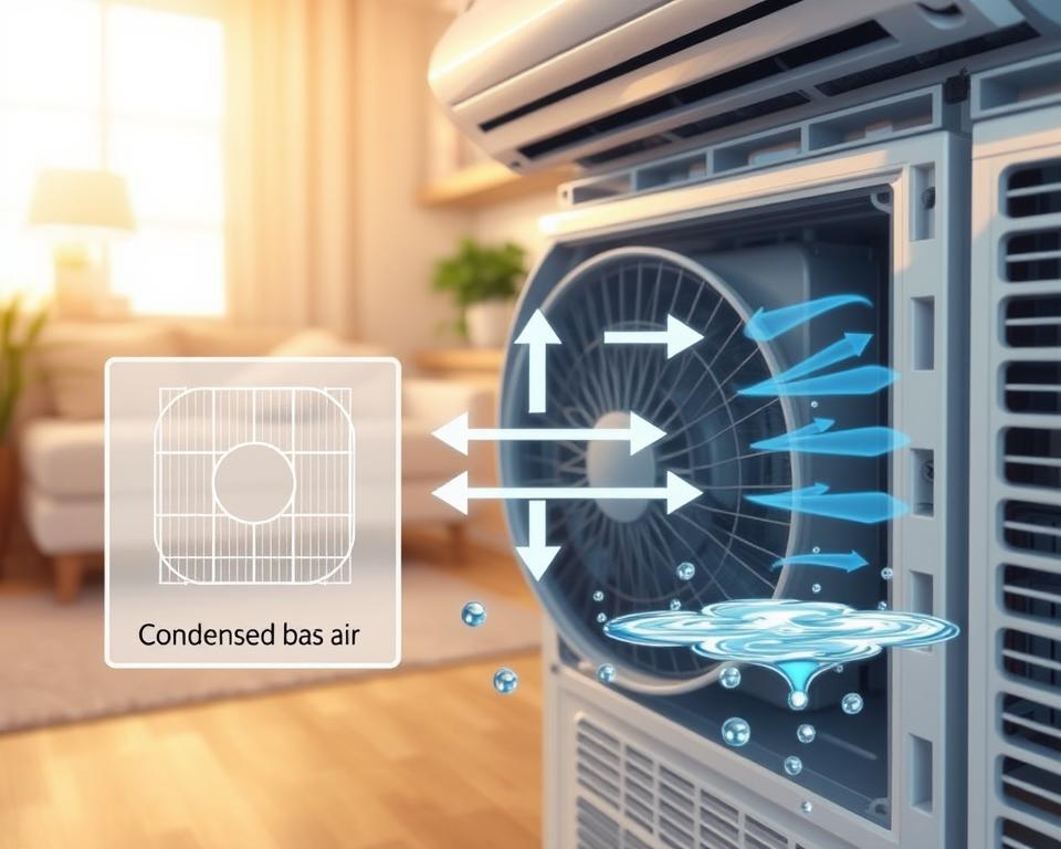 A detailed illustration of the air conditioning condensation process, showcasing the internal components of a modern air conditioning unit. In the foreground, depict a clear, labeled diagram of the evaporator and condenser coils along with drip trays collecting condensed water. In the middle, illustrate the flow of air, with arrows indicating the movement of warm air into the evaporator and cool air out of the condenser. The background should feature a home setting with a soft, warm light illuminating the scene, suggesting a comfortable indoor atmosphere. Use a slightly angled top-down perspective to enhance depth. The overall mood should be informative and technical, providing a clear understanding of how air conditioning works and manages condensation without any text or labels on the image itself.