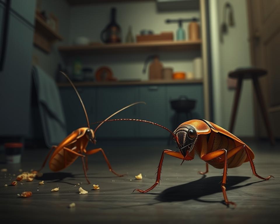 A detailed illustration showcasing the characteristics of cockroaches and their environment. In the foreground, feature a realistic, close-up view of a German cockroach (Blattella germanica) with its distinct light brown color, two dark stripes on its back, and long antennae. Capture another common cockroach, the American cockroach, showcasing its larger size and reddish-brown coloration. In the middle ground, include various common household settings, such as a kitchen with crumbs scattered on the floor and a small dark corner where these insects might hide. The background should depict a subtle, dimly lit environment that evokes a sense of unease, with shadows cast from common household items. Use natural lighting to create depth, focusing on the insects with a shallow depth of field. The overall mood should be informative yet slightly unsettling.