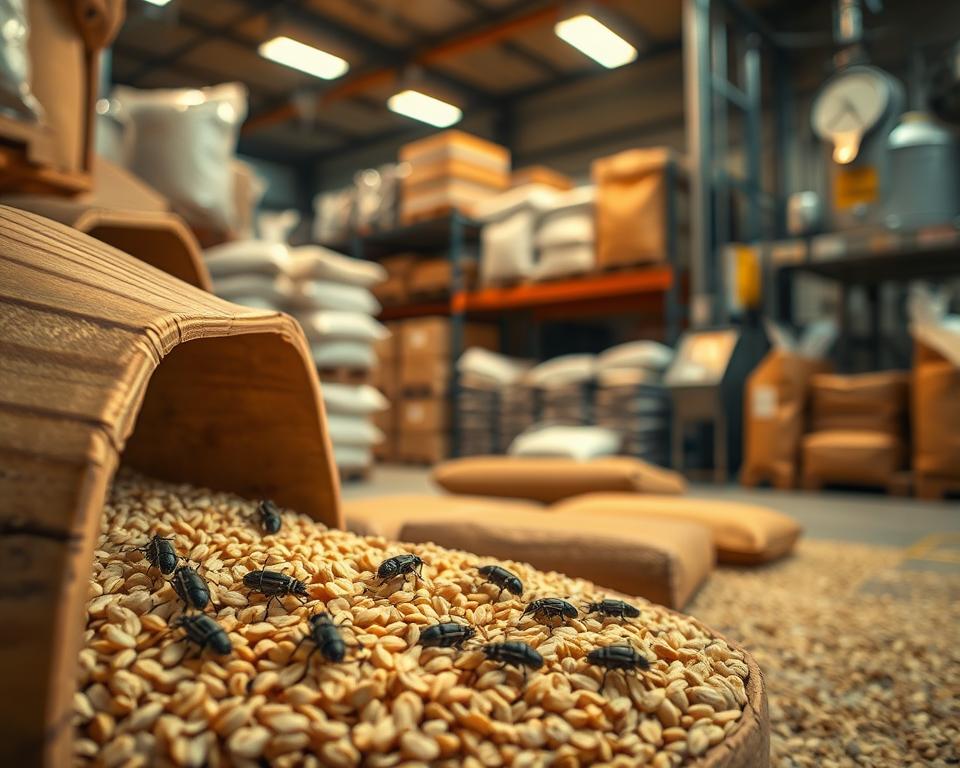 A detailed illustration showcasing the impact of the bread weevil on the food and storage industry. In the foreground, a close-up of a wooden storage container partially filled with grains, revealing several bread weevils crawling among the grains. In the middle ground, a snapshot of a food warehouse with shelves filled with packages of flour and grains, with some packages showing signs of damage due to insect infestations. In the background, soft-focus images of industrial equipment often used in food processing, bathed in warm overhead lighting. The atmosphere suggests a sense of urgency and concern about pest control, highlighting the serious implications for food safety. Soft shadows and depth of field create a professional and engaging look.
