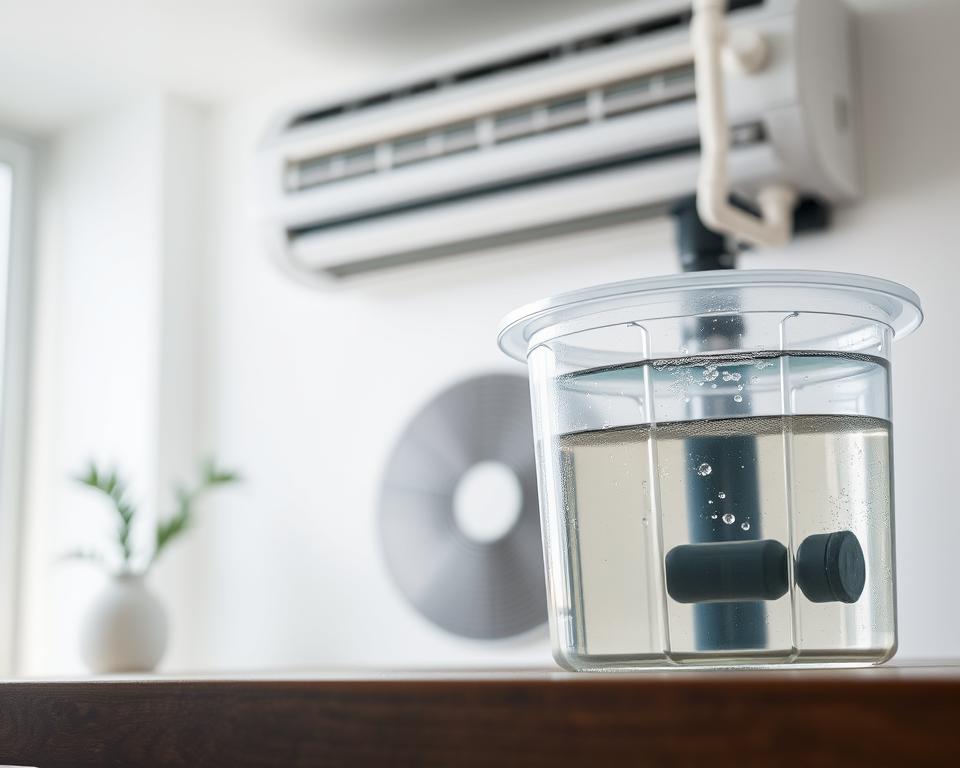 A detailed image of an air conditioning condensate collection container, prominently placed in the foreground. The container is made of transparent plastic, showcasing collected water with condensation beads on the exterior. In the middle ground, an air conditioning unit is visible, with pipes and drainage mechanisms connected to the container, depicting functionality. The background features a clean, modern indoor environment resembling an office or home, with soft, natural lighting creating a serene atmosphere. The composition is captured from a slightly elevated angle to emphasize the container's role, while conveying a sense of order and efficiency. The mood is practical and informative, ideal for illustrating the concept of air conditioning condensate management.