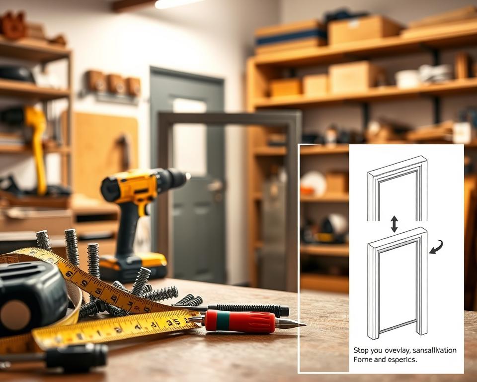 A detailed instructional image showcasing the assembly of metal door frame overlays. In the foreground, display a close-up view of a professional-looking tool kit, including a measuring tape, screws, a drill, and a screwdriver, all neatly arranged. The middle ground features an illustration showing step-by-step installation techniques, with a partially installed overlay fitting snugly onto a metal frame. Include clear arrows indicating direction for proper placement. The background shows a softly lit workshop setting, with shelves stocked with additional tools and materials, creating an atmosphere of focus and craftsmanship. Use warm, inviting lighting to enhance the professionalism of the scene, capturing an informative and approachable mood, ideal for instructional purposes.