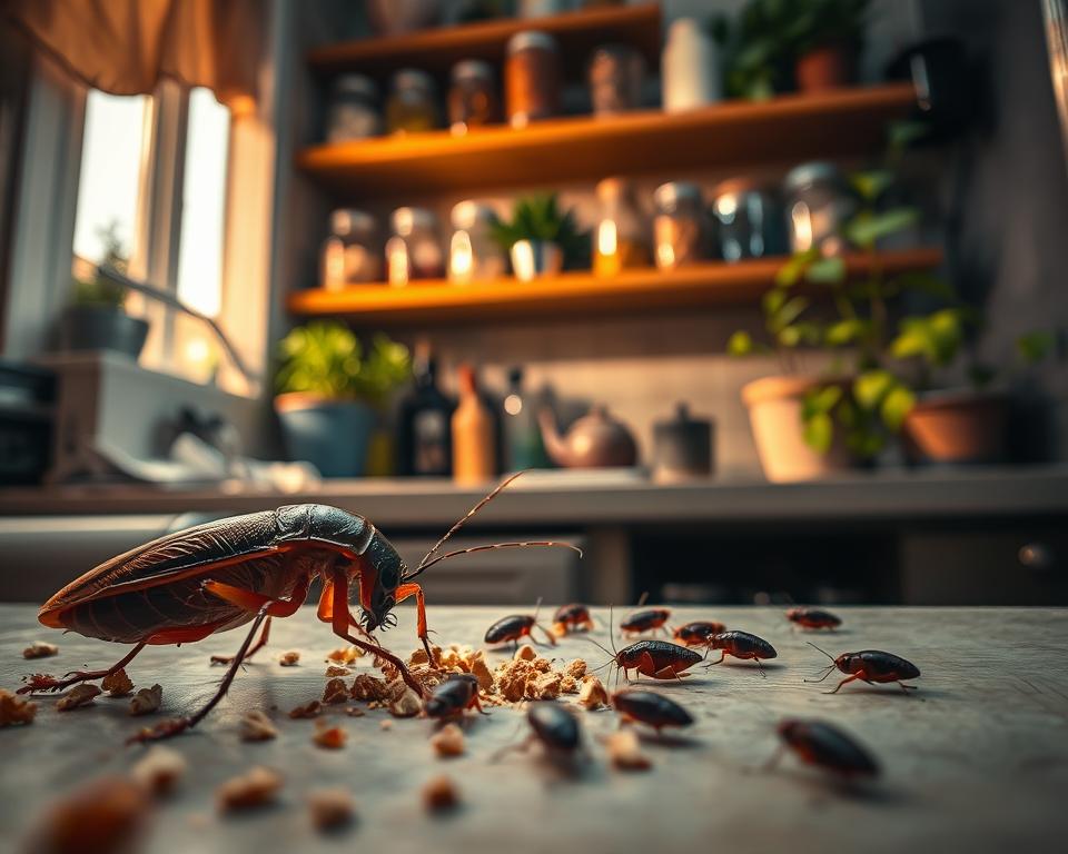 A detailed scene depicting the different behaviors and habitats of cockroaches, showcasing a vibrant kitchen environment. In the foreground, a close-up of a German cockroach perched on a kitchen counter, exploring crumbs with its antennae extended, capturing its curious nature. In the middle ground, several cockroaches are seen hiding in dark crevices, illustrating their preference for sheltered spaces. The background features shelves stocked with jars and a small indoor garden, emphasizing a typical household setting. The lighting is warm and inviting, mimicking natural light from a window, creating a slightly dim atmosphere that contrasts with the busy activity of the cockroaches. The image portrays a sense of life and movement, highlighting their adaptability and the challenges of managing these pests in the home.