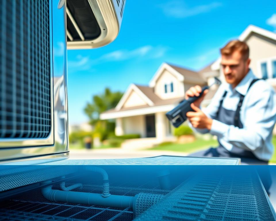 A detailed scene illustrating the condensation drainage process from an air conditioning unit. In the foreground, a close-up view of a sleek, modern air conditioning system with visible drainage pipes leading downwards. The middle ground features a technician in professional attire, carefully inspecting and maintaining the drainage system, showcasing their tools and expertise. The background includes a residential setting with a clear blue sky, emphasizing a bright, sunny day. The lighting is soft and natural, casting gentle shadows that highlight the technician's focused expression. The overall mood is professional and informative, conveying a sense of trust and reliability in air conditioning maintenance practices.