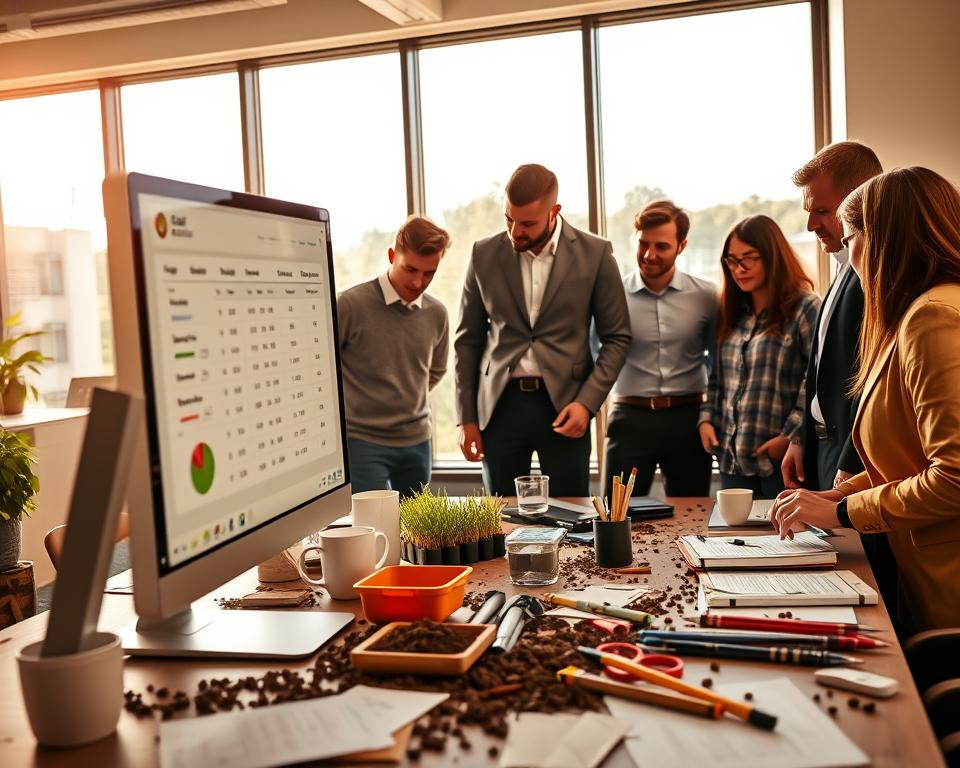 A modern digital workspace featuring an online soil calculator interface on a sleek computer screen. In the foreground, a diverse group of professionals in smart casual attire engage with the screen, analyzing data closely. The middle ground includes a large office desk cluttered with soil samples, measuring tools, and note-taking materials, highlighting the practical application of the calculator. In the background, a large window allows natural sunlight to fill the room, creating a bright and productive atmosphere. The scene conveys a sense of collaboration and innovation in agricultural technology, with a focus on analytical work. The lighting is warm and inviting, enhancing the modern office environment while maintaining clarity on the screen display. A modern digital workspace featuring an online soil calculator interface on a sleek computer screen. In the foreground, a diverse group of professionals in smart casual attire engage with the screen, analyzing data closely. The middle ground includes a large office desk cluttered with soil samples, measuring tools, and note-taking materials, highlighting the practical application of the calculator. In the background, a large window allows natural sunlight to fill the room, creating a bright and productive atmosphere. The scene conveys a sense of collaboration and innovation in agricultural technology, with a focus on analytical work. The lighting is warm and inviting, enhancing the modern office environment while maintaining clarity on the screen display.