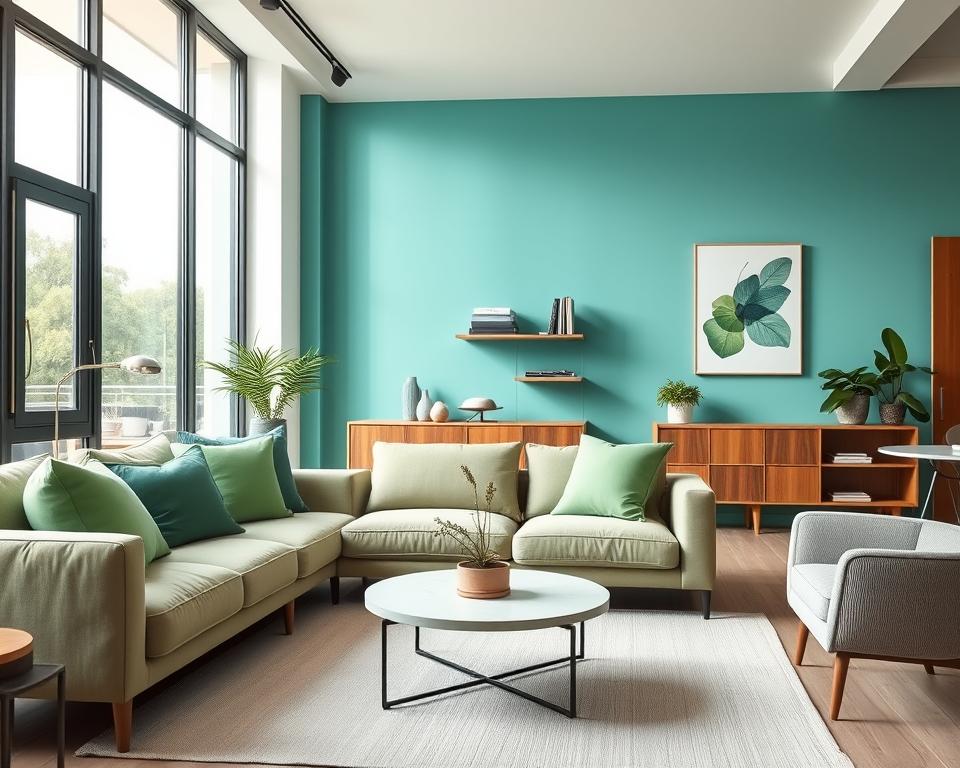 A modern interior scene featuring a stylish living room that highlights the use of celery green accents. In the foreground, a plush sofa adorned with cushions in varying shades of celery green is placed next to a minimalist coffee table decorated with a small potted plant. The middle ground shows a feature wall painted in a soft, complementary turquoise that enhances the celery green elements. Large windows let in natural light, creating a bright and inviting atmosphere. In the background, a sleek bookshelf holds curated decor items, and a tasteful piece of abstract art echoes the color palette. The mood is fresh, vibrant, and contemporary, encapsulating the beauty of using celery green in modern home design.