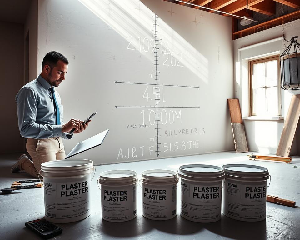A professional setting showcasing the calculation of plaster consumption for a 200m2 area. In the foreground, a meticulous architect or contractor in business attire is working with a clipboard and a calculator, surrounded by open paint buckets labeled for plaster. The middle ground features a large wall being prepped for plaster application, with detailed measurement markings visible. The background includes a partially constructed room, with tools like a trowel and level scattered around, reflecting a work-in-progress feel. Soft, natural lighting filters in through a nearby window, casting shadows that add depth to the scene. The atmosphere is focused and industrious, emphasizing precision in the task of calculating proper plaster usage.
