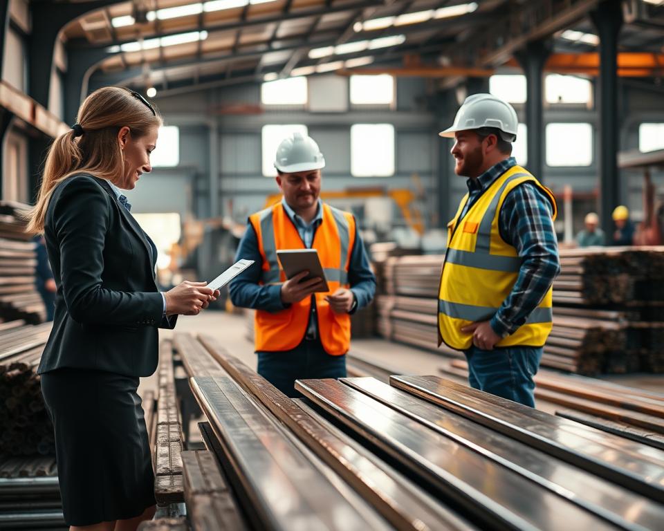 A professional setting showcasing the process of purchasing reinforcement steel bars. In the foreground, a well-dressed businesswoman, holding a tablet, is engaged in discussion with a steel supplier who is dressed in a hard hat and safety vest. In the middle ground, stacked steel bars are displayed prominently, glinting under bright industrial lights. The background features a warehouse with a clear view of heavy machinery and workers in the distance, creating an atmosphere of activity and commerce. Soft, natural lighting filters through large windows, casting warm highlights on the steel surfaces, while creating shadows that add depth to the scene. Aim for a clean, focused composition that emphasizes professionalism and practicality in buying steel.