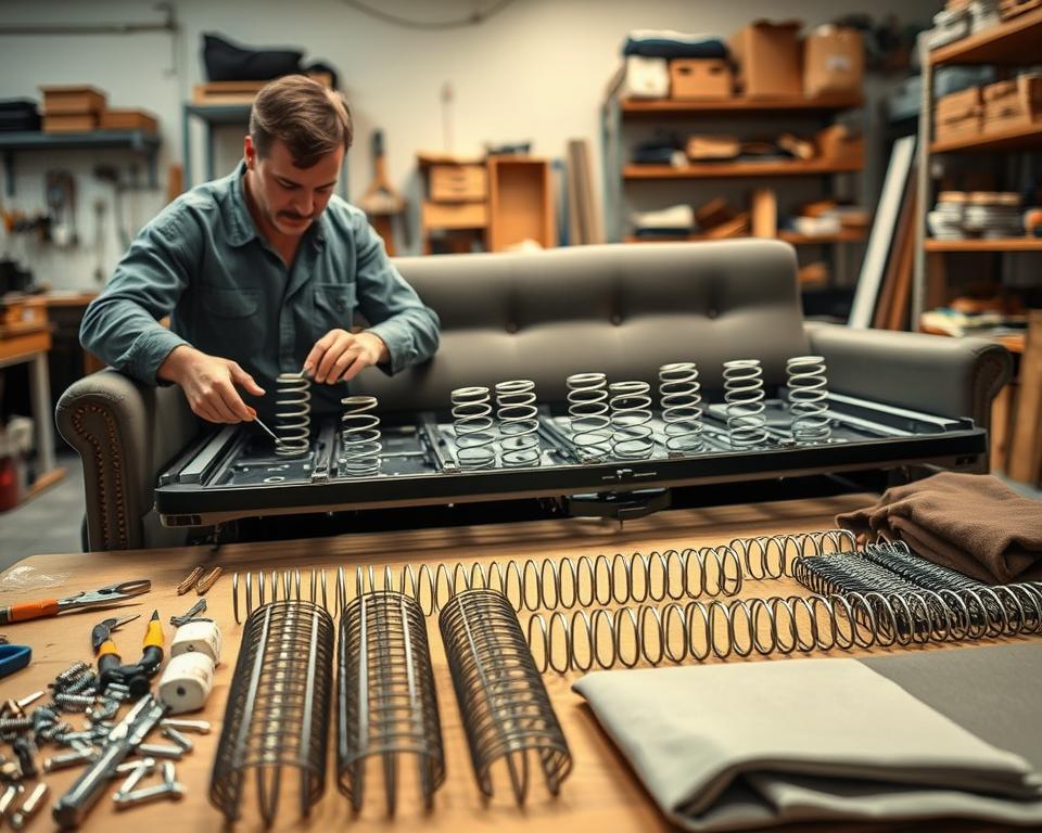 A professional technician works on a disassembled convertible sofa in a well-lit workshop. In the foreground, detailed close-ups show hands carefully replacing worn-out springs, tools like pliers and screwdrivers nearby. The technician wears modest casual clothing, focusing intently on the task. In the middle ground, a variety of replacement springs and upholstery fabric lie organized on a workbench, showcasing the intricate details of each material. The background features shelves filled with tools and materials, indicating a busy repair shop atmosphere. Soft, warm lighting creates a welcoming environment, reflecting the care and skill involved in furniture repair. The overall mood exudes professionalism and craftsmanship, highlighting the art of repairing a convertible sofa.