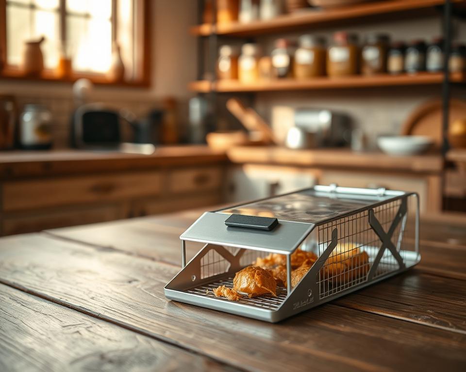A rodent trap designed for effective pest control, set against a rustic wooden table in a home kitchen. In the foreground, the trap is sleek, with a metallic finish, featuring bait that is appetizing to mice, such as peanut butter. In the middle, the kitchen environment is warm and inviting, with soft, golden lighting filtering in through a window, creating cozy shadows. In the background, there are shelves with jars and containers, giving a homey atmosphere. The overall mood is one of practicality and warmth, suggesting a reliable solution to a common household problem. The focus is sharp on the trap, with a shallow depth of field that blurs the background gently.