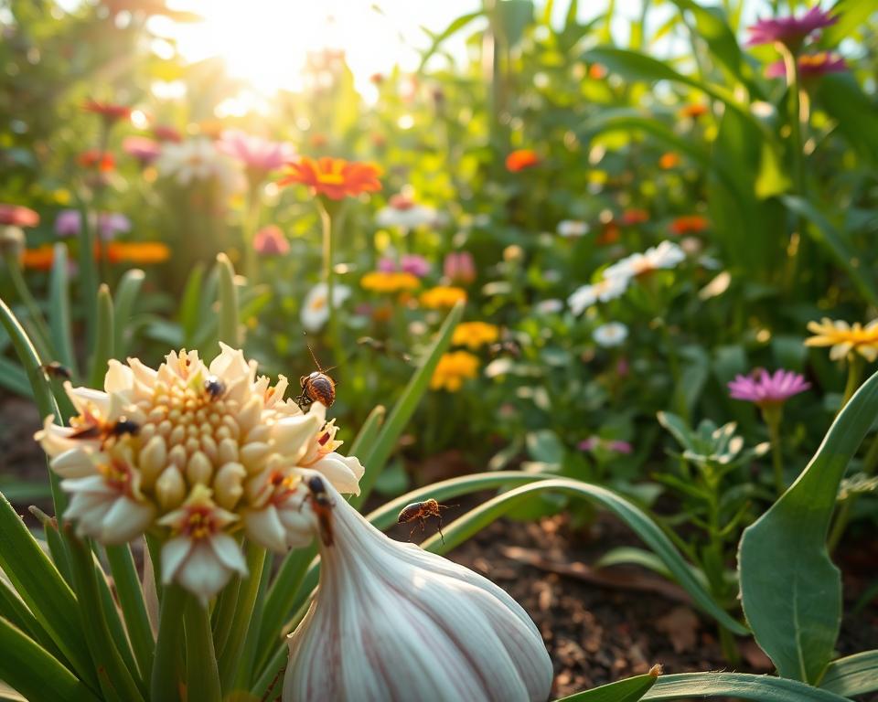 A serene garden scene showcasing various natural enemies of the cockroach, specifically the turkuci podjadek. In the foreground, depict a healthy clump of garlic with its white and purple flowers, symbolizing its role in pest control. The middle ground should feature a diverse group of beneficial insects, such as ladybugs and predatory wasps, actively engaged in their natural behavior. In the background, a lush, green garden filled with vibrant flowers and foliage, illuminated by soft, warm sunlight filtering through the leaves, creates a tranquil atmosphere. Use a wide-angle lens perspective to capture the depth of the scene, emphasizing the harmony between the plants and insects. The overall mood should be peaceful and nurturing, reflecting a healthy garden ecosystem.