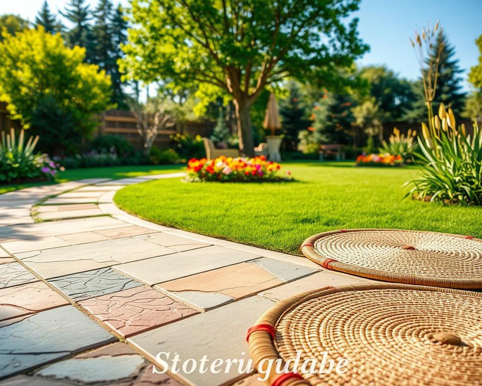 A serene garden setting showcasing various options for affordable outdoor flooring. In the foreground, display a beautiful natural stone patio with intricate patterns and textures, while next to it, woven bamboo mats provide a rustic feel. The middle ground features bright green grass and colorful flower beds surrounding the flooring options. In the background, there are lush trees and a clear blue sky, casting soft, warm sunlight throughout the scene. The atmosphere is tranquil and inviting, encouraging a sense of outdoor living. Use a slightly elevated angle to capture the flooring choices clearly. Ensure the lighting is soft to highlight the textures of the different materials, creating a harmonious blend in this outdoor space.