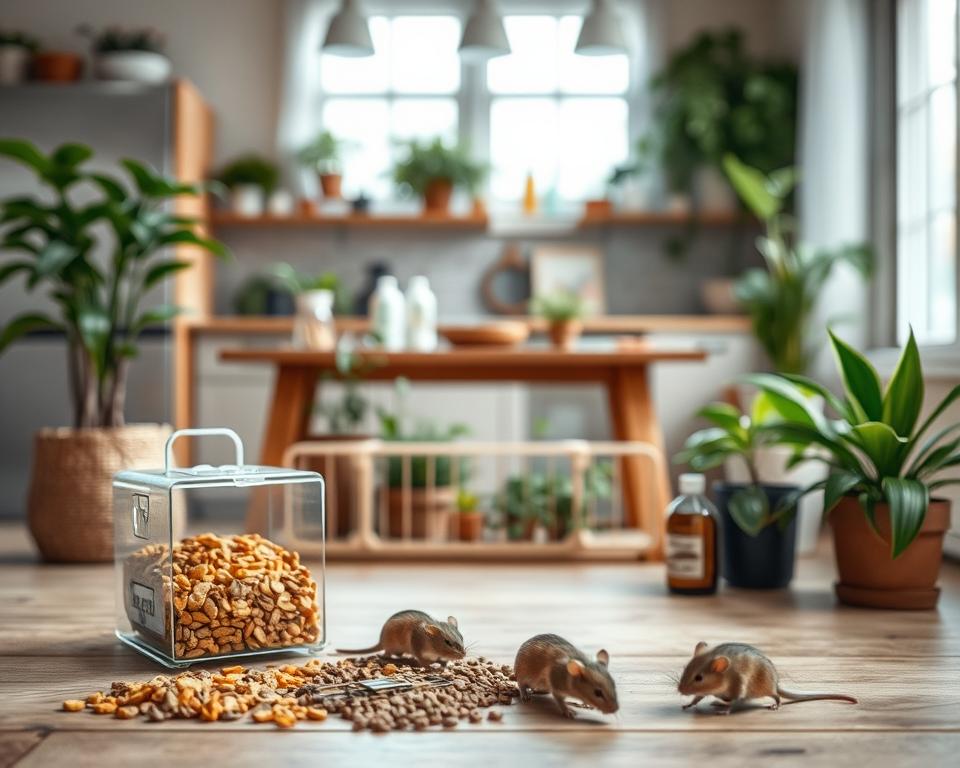 A serene home environment showcasing various methods to combat rodents effectively, emphasizing "additional support methods" against pests. In the foreground, a well-organized bait station with inviting mouse bait and traps set strategically. In the middle ground, natural protective barriers made of plants and essential oils, symbolizing a safe, eco-friendly approach to pest control. Background elements include a cozy kitchen with a warm ambiance, featuring subtle lighting that highlights the effectiveness of each method. The atmosphere is calm and reassuring, conveying a sense of control over rodent issues. Use a soft focus lens effect to create depth and make the foreground elements pop, emphasizing the practical solutions presented.