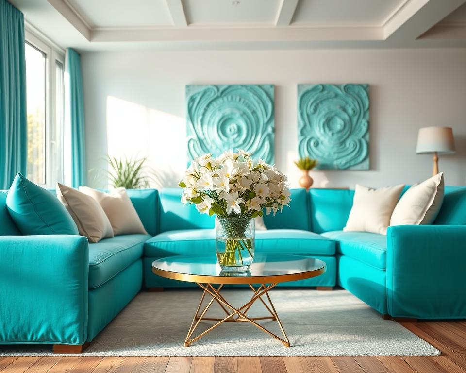 A serene interior space showcasing the rich hues of turquoise in a harmonious arrangement. In the foreground, a soft, plush turquoise couch adorned with elegant cushions invites relaxation. The middle ground features a stylish coffee table, centered with a vibrant vase of fresh white flowers, creating a striking contrast against the turquoise elements. In the background, large windows allow natural light to flood the room, enhancing the tranquil atmosphere and illuminating textured turquoise wall art. The lighting is soft and warm, creating a cozy ambiance. Use a wide-angle lens to capture the depth of the room, emphasizing the soothing interplay of turquoise with complementary colors like mint green and cream. The overall mood is inviting and calm, reflecting the beauty of turquoise in home decor.