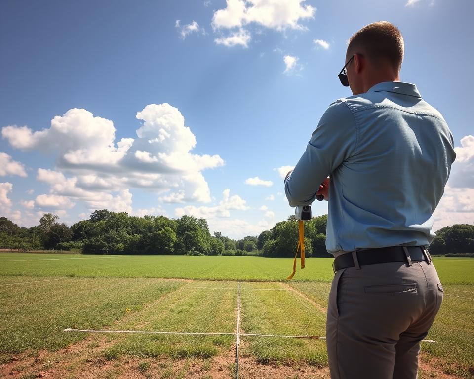 A serene landscape depicting a professional surveying scene focused on land measurement. In the foreground, a surveyor dressed in smart-casual attire, equipped with a measuring tape and a laser distance meter, is closely examining a marked plot of land. The middle ground features a lush green field bordered by trees, with clear delineations showing measurement markers on the ground. In the background, a bright blue sky with fluffy white clouds creates an inviting atmosphere, while soft sunlight enhances the image, casting gentle shadows that add depth. The overall mood conveys careful planning and precision, ideal for calculations related to land area assessment. A serene landscape depicting a professional surveying scene focused on land measurement. In the foreground, a surveyor dressed in smart-casual attire, equipped with a measuring tape and a laser distance meter, is closely examining a marked plot of land. The middle ground features a lush green field bordered by trees, with clear delineations showing measurement markers on the ground. In the background, a bright blue sky with fluffy white clouds creates an inviting atmosphere, while soft sunlight enhances the image, casting gentle shadows that add depth. The overall mood conveys careful planning and precision, ideal for calculations related to land area assessment.