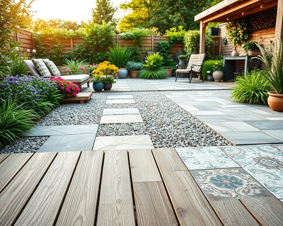 A serene outdoor garden setting showcasing various types of flooring materials suitable for gardens. In the foreground, display a close-up of beautifully arranged wooden planks, interspersed with natural stone tiles, and sections of durable composite decking. The middle ground features a variety of textured surfaces, including gravel paths and elegant ceramic tiles, each labeled subtly with distinct patterns. In the background, lush greenery, colorful flowers, and inviting furniture create a tranquil atmosphere. The lighting should be warm and inviting, simulating late afternoon sun, while the camera angle captures a wide view to emphasize the diversity of materials. The overall mood is peaceful and inspiring, ideal for garden enthusiasts exploring flooring options. No text or overlays are present.