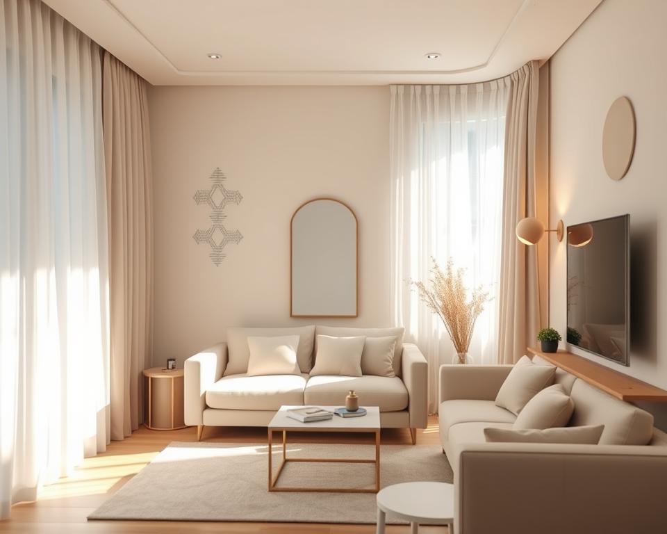 A small, beautifully arranged 7m2 room showcasing a harmonious color palette designed for optical enlargement. The foreground features a cozy seating area with a stylish, minimalist sofa and a sleek coffee table, all in soft pastel shades. In the middle, there's a well-placed mirror reflecting light, enhancing the sense of space. The background displays light, airy curtains gently fluttering, allowing natural sunlight to filter in, creating a warm and inviting atmosphere. The wall decor consists of subtle geometric patterns in complementary colors, further amplifying the spacious feel. Soft, ambient lighting fixtures are strategically positioned to enhance the cozy mood, with a warm glow casting delicate shadows. The room exudes a sense of tranquility and spaciousness, perfect for maximizing a smaller living area.
