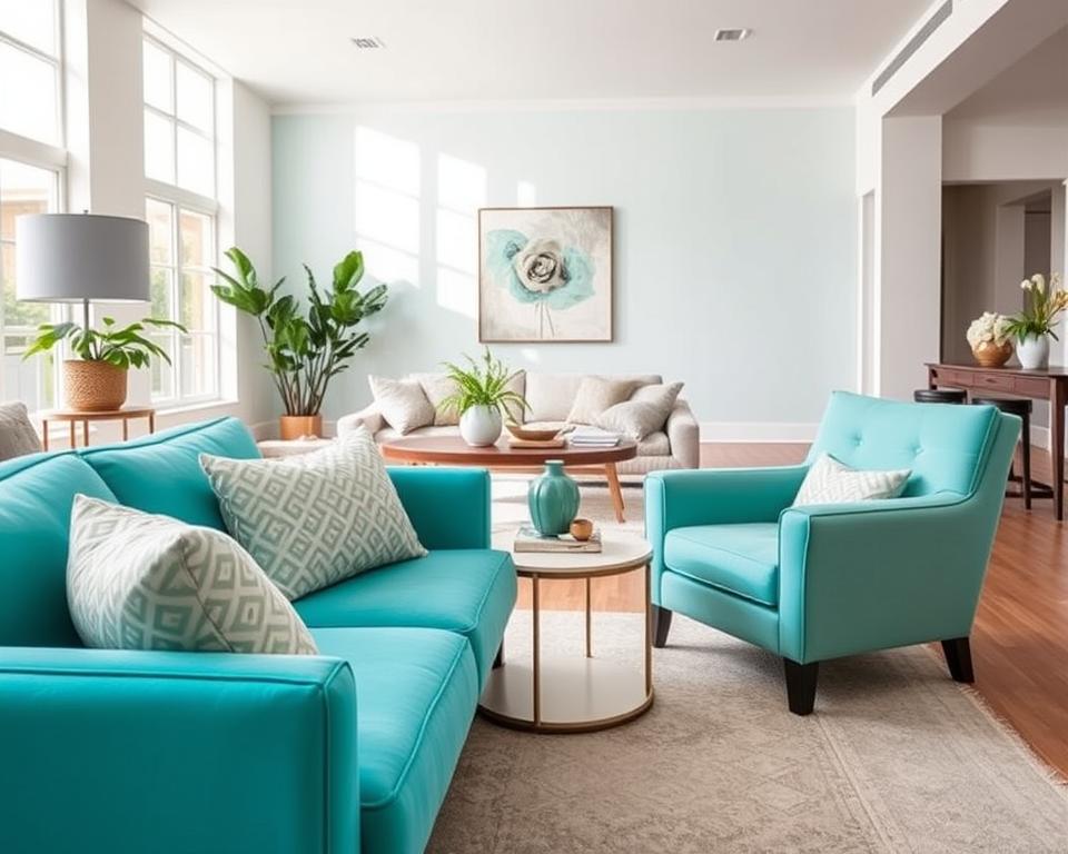 A stylish interior space showcasing a side-by-side comparison of turquoise and seafoam green as accent colors in home decor. In the foreground, a vibrant turquoise sofa adorned with plush pillows contrasts with a delicate seafoam green armchair, both positioned around a chic coffee table. The middle ground features a modern living room layout with decorative wall art displaying both colors harmoniously. In the background, soft natural light flows through large windows, enhancing a serene ambiance. The scene is captured with a wide-angle lens, emphasizing the depth of the room. The atmosphere is calm and inviting, perfect for illustrating the key differences in interior design influenced by these two beautiful color shades.