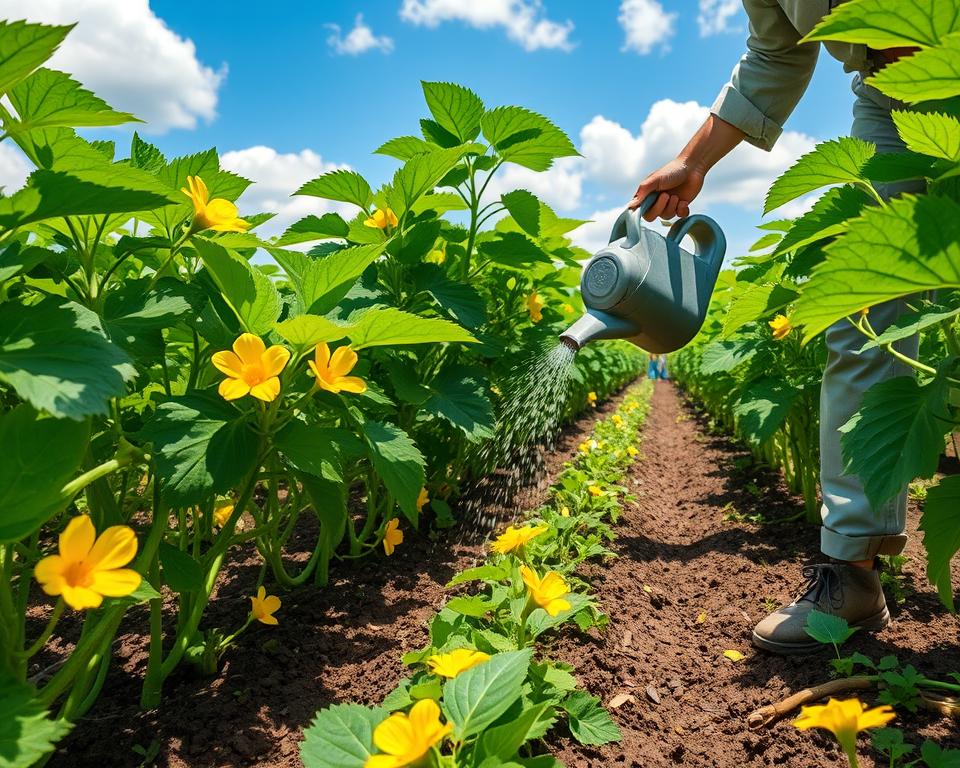 A sunlit vegetable garden showcasing vibrant, lush cucumber plants covered in healthy green leaves and bright yellow flowers in full bloom. In the foreground, a gardener in modest casual clothing gently waters the cucumbers with a watering can, illustrating the importance of proper irrigation. Surrounding the plants, rich, dark soil nourished by organic fertilizer is visible, emphasizing the fertilization process. The middle ground features neatly arranged rows of cucumbers, while the background includes a blue sky dotted with fluffy white clouds, creating a peaceful, serene atmosphere. The scene is captured from a slightly elevated angle, showcasing the gardener’s careful attention to detail, with soft, natural lighting enhancing the colors of the garden, evoking a sense of growth and abundance.