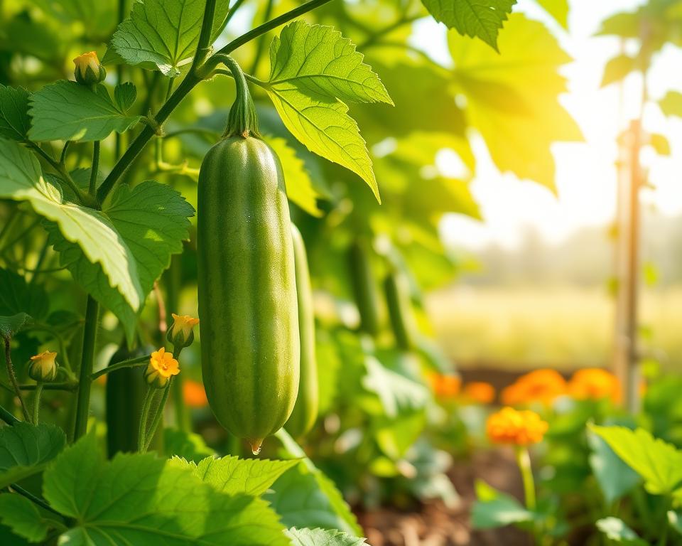 A vibrant, close-up illustration of healthy cucumber plants thriving in a well-tended garden setting. In the foreground, showcase lush green cucumber leaves with small, bright yellow flowers, along with a few ripe cucumbers hanging from the vines. In the middle ground, integrate protective elements such as natural pest deterrents like marigolds or garlic plants, signaling a focus on plant care and disease prevention. In the background, depict a serene garden landscape with soft, diffused sunlight filtering through the leaves, casting gentle shadows, creating an inviting and healthy atmosphere. Use a focus on depth of field to emphasize the cucumbers and protective plants, capturing a sense of growth and vitality in organic gardening.
