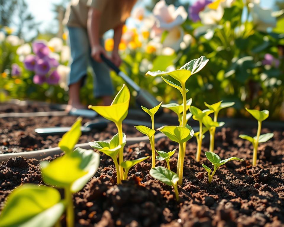 A vibrant depiction of Datura seedlings being propagated in a serene garden setting. In the foreground, showcase a close-up of healthy Datura cuttings with lush green leaves, immersed in rich, dark soil, and surrounded by a delicate mist of water droplets. In the middle ground, include a gardener in modest casual clothing, gently tending to the cuttings, using gardening tools carefully placed nearby. In the background, illustrate a sunny garden filled with blooming Datura flowers, their large trumpet-shaped petals in various shades of white, purple, and yellow, creating a colorful backdrop. Capture warm sunlight filtering through the leaves, casting soft shadows, evoking a peaceful, nurturing atmosphere. Use a shallow depth of field to draw attention to the seedlings, emphasizing their importance in the gardening process.