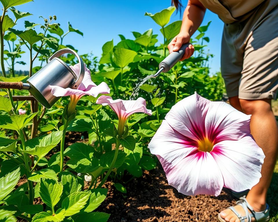 A vibrant garden scene showcasing the care of a datura plant, focusing on the process of watering. In the foreground, a gardener in modest casual clothing gently waters a flowering datura with large, trumpet-shaped blossoms in shades of white and purple, capturing the intricacies of the plant's delicate petals. The middle ground features lush green foliage surrounding the datura, with rich soil indicating proper gardening practices. The background is filled with a sunny, clear blue sky, allowing natural light to highlight the beauty of the scene, casting soft, warm shadows. The atmosphere is serene and nurturing, reflecting the importance of proper irrigation and soil care for thriving datura plants.