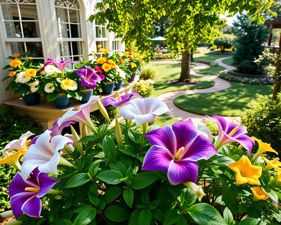A vibrant garden scene showcasing the stunning usage of datura flowers in landscape design. In the foreground, colorful datura plants with large, trumpet-shaped blossoms in shades of white, purple, and yellow create a striking visual. The middle ground features a decorative balcony adorned with potted datura, mixing greenery and vibrant blooms, creating a lush atmosphere. In the background, a sunny garden setting with winding paths and lush foliage adds depth, with soft, dappled sunlight filtering through leaves, creating playful shadows. The overall mood is inviting and serene, perfect for garden enthusiasts. The image is captured with a wide-angle lens to encompass the beauty of the arrangement, focusing on the details of the flowers and the harmony of the garden space.
