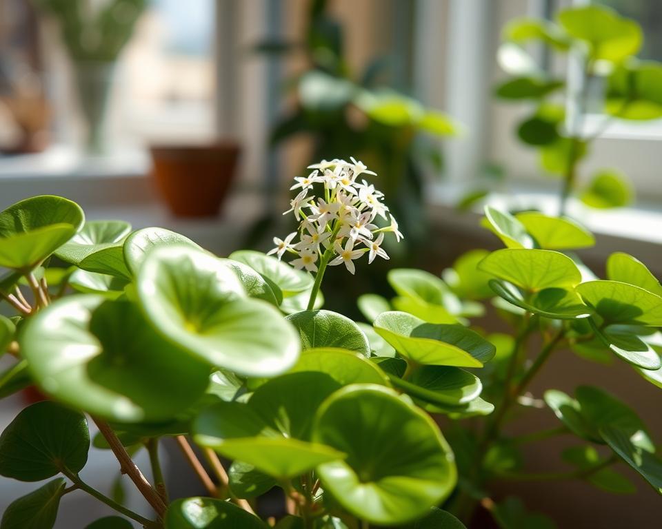 A vibrant indoor scene featuring a "pieniążek" plant, known for its round, coin-shaped leaves, beautifully blooming with delicate, star-shaped flowers. In the foreground, focus on the glossy green leaves, catching soft light that highlights their texture. The middle section showcases clusters of white and pale pink flowers emerging from the plant, symbolizing successful flowering. In the background, softly blurred out, are hints of a cozy home setting, like a warm, sunlit windowsill with gentle shadows. Use natural lighting to create an inviting and serene atmosphere, enhancing the freshness of the scene. Capture this moment from a slightly elevated angle, offering a clear view of the plant and its blossoms.