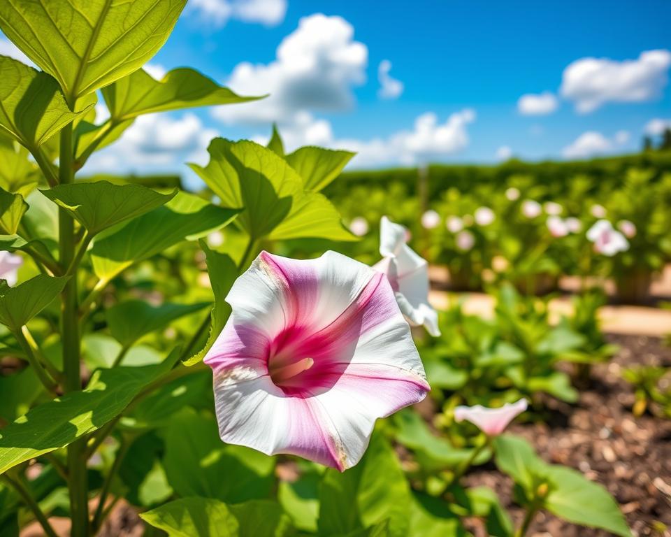 A vibrant scene showcasing a thriving datura plant in a sunny garden, emphasizing its lush green foliage and striking trumpet-shaped flowers in full bloom. In the foreground, showcase a close-up of the flowers, highlighting their intricate details and varying shades of white and purple. The middle ground should reveal a well-tended garden bed, with several datura plants evenly spaced and thriving under bright sunlight. In the background, include a clear blue sky with soft, fluffy clouds, enhancing the sunny atmosphere. The lighting should be warm and inviting, reminiscent of a perfect sunny day. Capture the natural beauty and vitality of the datura plant, evoking a sense of peace and growth in a well-maintained garden setting.