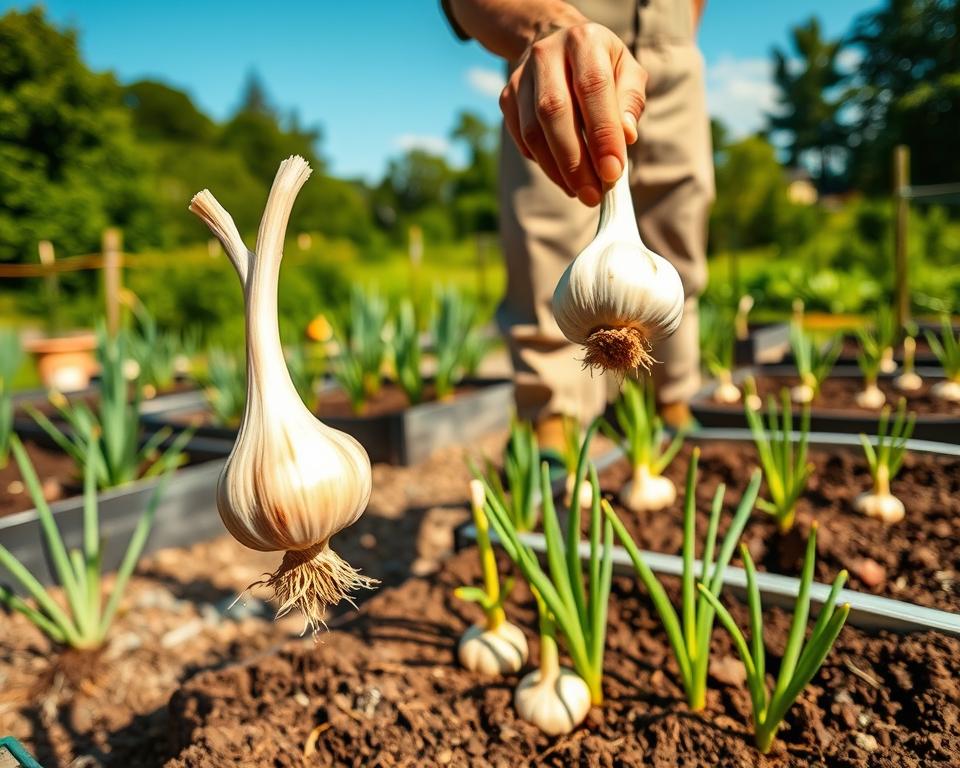 A visually engaging step-by-step depiction of using garlic in a garden setting. In the foreground, show a gardener, dressed in modest casual clothing, holding a clove of garlic, preparing it for planting. In the middle ground, illustrate raised garden beds with freshly planted garlic bulbs and vibrant green shoots emerging from the soil. In the background, evoke a sunny day with a clear blue sky and lush greenery surrounding the garden. Soft, warm lighting creates an inviting atmosphere, enhancing the natural colors of the garlic and plants. The camera angle should be slightly elevated, capturing the entire scene with depth and a focus on the garlic usage process.