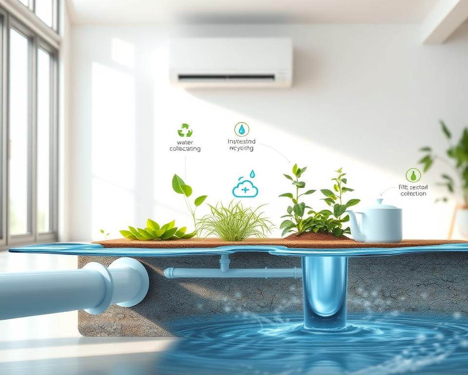 A visually striking illustration of alternative solutions for managing air conditioning condensate. In the foreground, showcase an innovative condensate drainage system featuring sleek piping and a modern water collection tank. In the middle ground, include various eco-friendly methods such as a water recycling mechanism, a landscape with plants thriving on collected water, and a filtration system. The background should depict a clean, well-maintained indoor environment with an air conditioning unit on the wall, emphasizing efficiency. Use natural lighting to create a bright and inviting atmosphere, with a shallow depth of field to focus on the drainage system details. The overall mood should be fresh, modern, and sustainable, illustrating technological advancement in cooling systems. No text or people present.