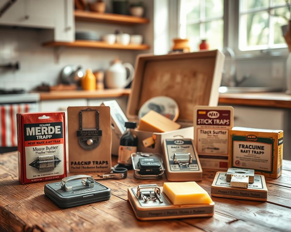 A well-composed image showcasing various types of mouse and rat traps, arranged artistically on a rustic wooden table. In the foreground, highlight different trap styles: traditional snap traps, sticky traps, and humane catch-and-release traps, each with realistic details and bait options like peanut butter and cheese. The middle ground features an open toolbox with additional bait supplies, giving a sense of preparation. In the background, a softly lit kitchen environment emphasizes a home-like atmosphere, hinting at a common domestic pest issue. Natural sunlight filters through a nearby window, creating warm highlights and soft shadows, evoking a practical yet inviting mood, perfect for an informative article section.