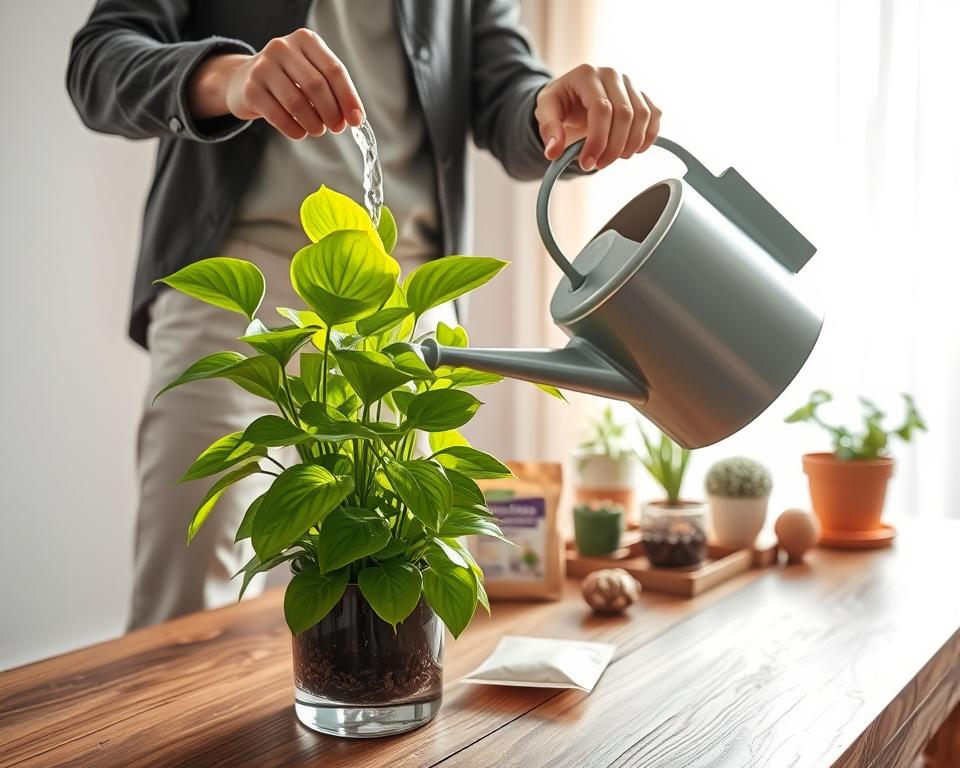 A well-lit indoor setting showcasing a healthy "pieniążek" (money plant) being properly watered. In the foreground, a person in smart casual clothing is gently pouring water from a stylish watering can onto the plant, emphasizing tenderness and care. The money plant has lush, vibrant green leaves with a few drops of water glistening on its surface. In the middle, a wooden table adorned with gardening tools, a small bag of fertilizer, and decorative pots. The background features a bright, sunlit window with sheer curtains, allowing soft natural light to illuminate the scene, creating a warm and nurturing atmosphere. The image conveys a sense of peace and dedication to plant care.