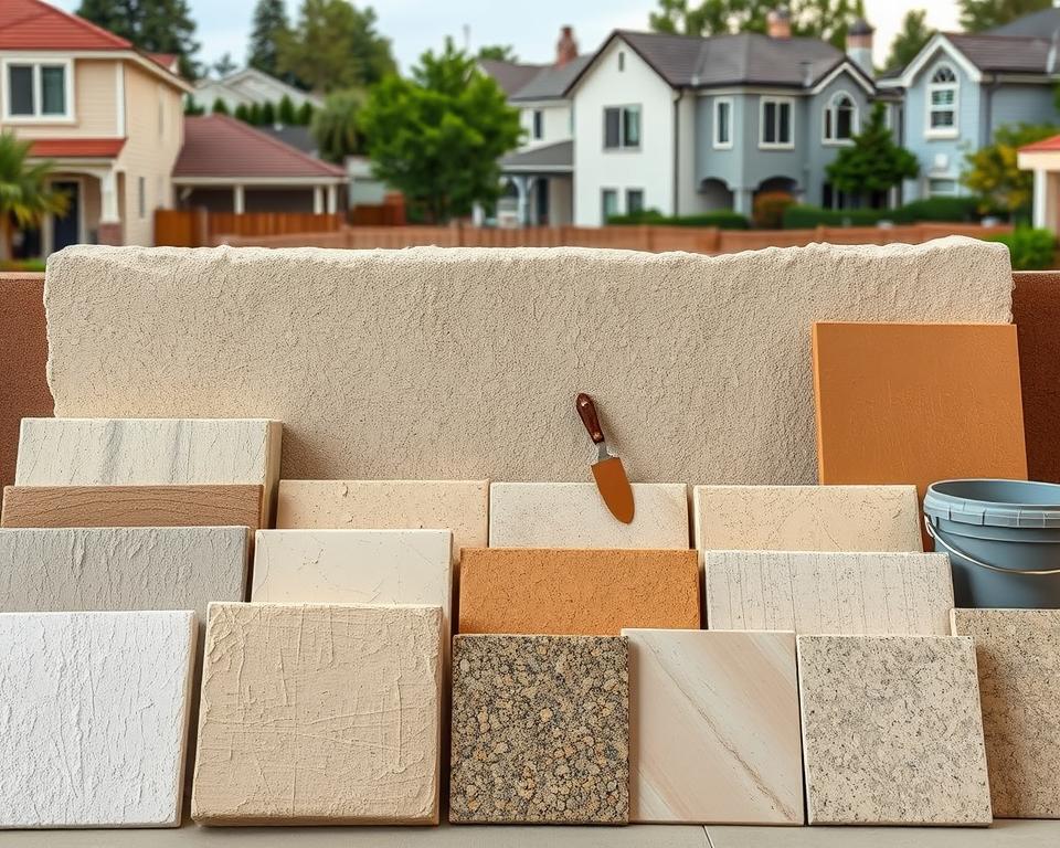 A well-organized display of various types of exterior plaster finishes, showcasing the diversity in materials and textures used in facade applications. In the foreground, present samples of stucco, acrylic, and mineral-based plasters, each with distinct colors and grain patterns. The middle layer should feature a partially constructed wall, highlighting the application process with tools like trowels and buckets nearby. The background consists of a suburban setting with houses, emphasizing how different plasters complement various architectural styles. Soft, natural lighting enhances the textures, with a focus on clarity and detail. The overall mood is informative and professional, designed to inspire homeowners and builders alike in their material selection.