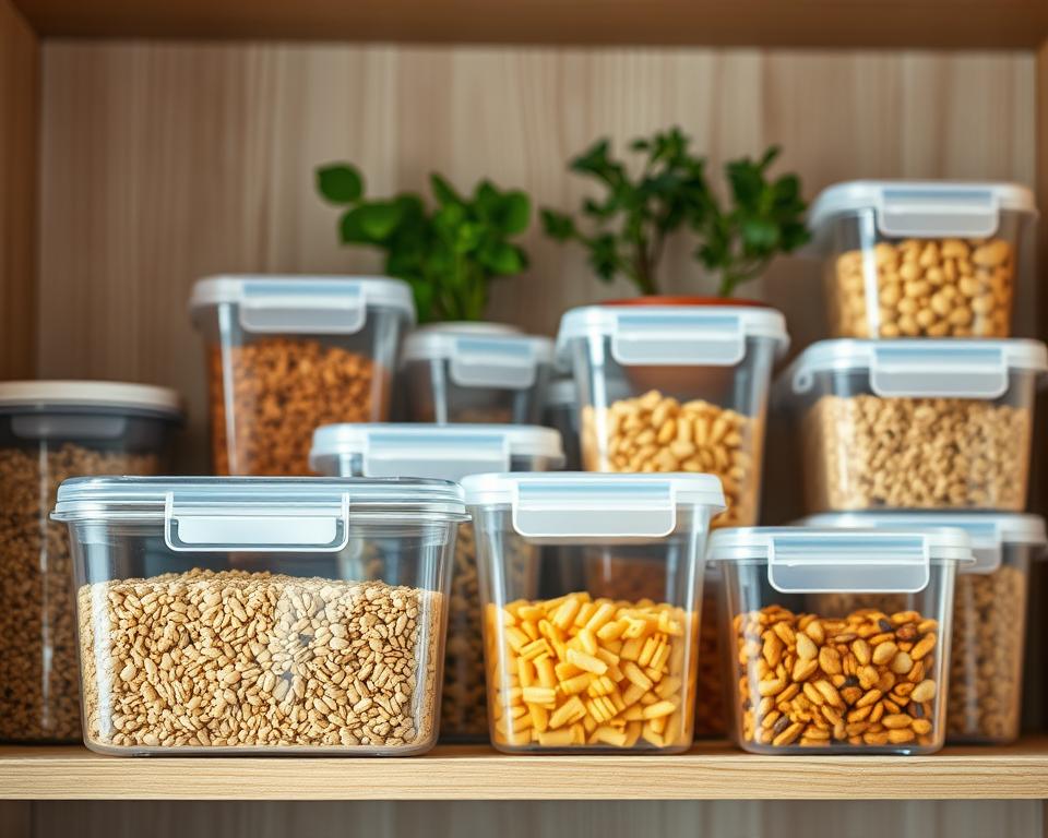 A well-organized kitchen shelf showcasing airtight food storage containers in various sizes and shapes, filled with colorful grains, pasta, and snacks. The foreground features a clear, sleek container with a secure lid, allowing visibility of the contents. In the middle, several containers are neatly arranged, emphasizing their functionality against a light wood background. The scene is softly illuminated by natural light streaming in from a nearby window, creating a warm and inviting atmosphere. In the background, faint outlines of kitchen herbs in pots add a touch of greenery, enhancing the homely feel. The overall composition conveys a sense of order and efficiency, ideal for preserving food supplies against pests. The focus is sharp, presenting a tidy and organized kitchen environment.